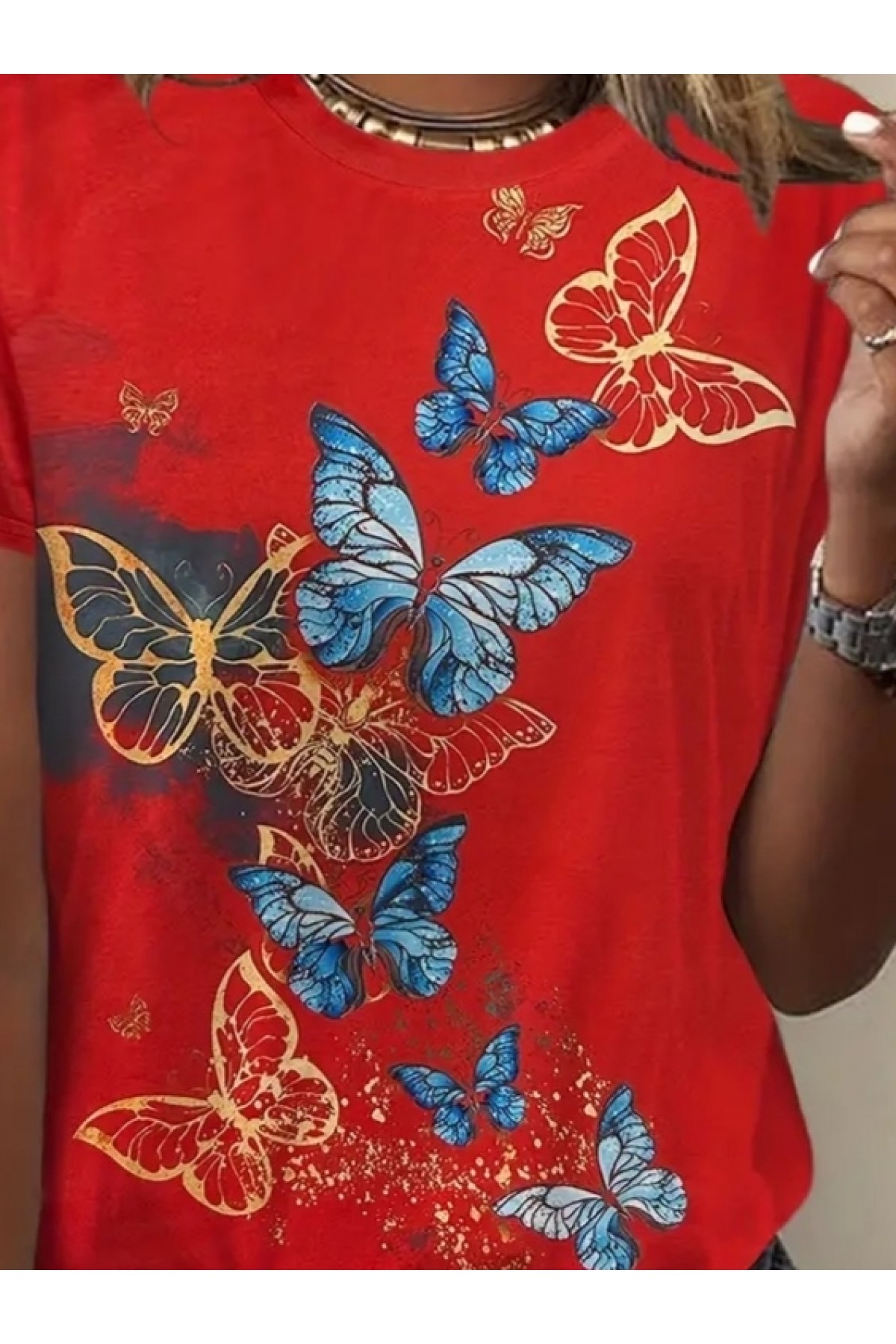 Women's Short Sleeve Blue Yellow Butterfly Printed Jersey Blouse, 23800